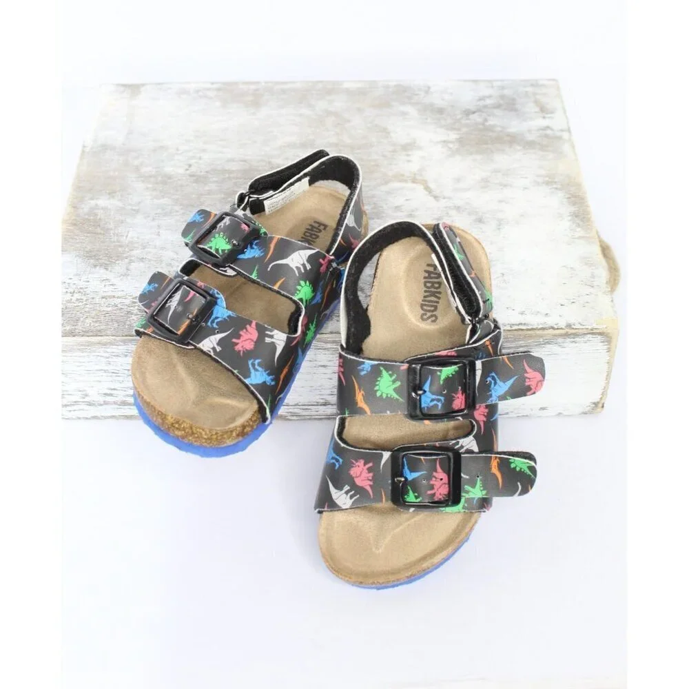 Fabkids Dinosaurs Sandals Unisex Size 6 Black Faux Leather Buckles Cushioned‎
